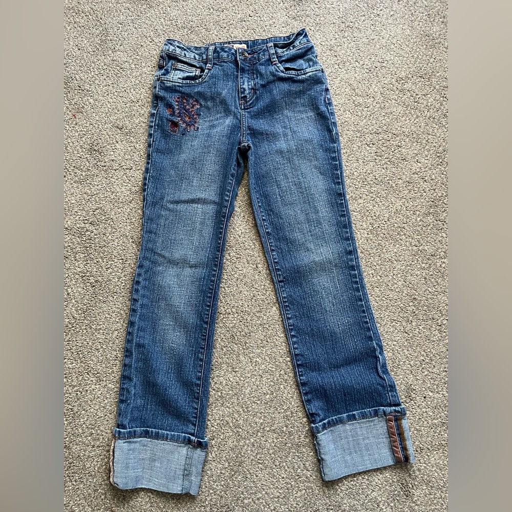 Vintage Faded Glory Girls Y2K Cuffed Embroidered Patchwork Jeans (14)